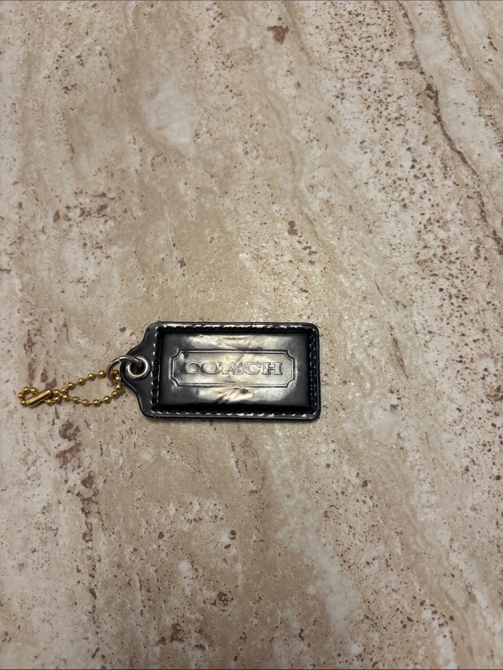 COACH Black Patent Leather Logo BagTag/Keychain with Gold-Tone Chain